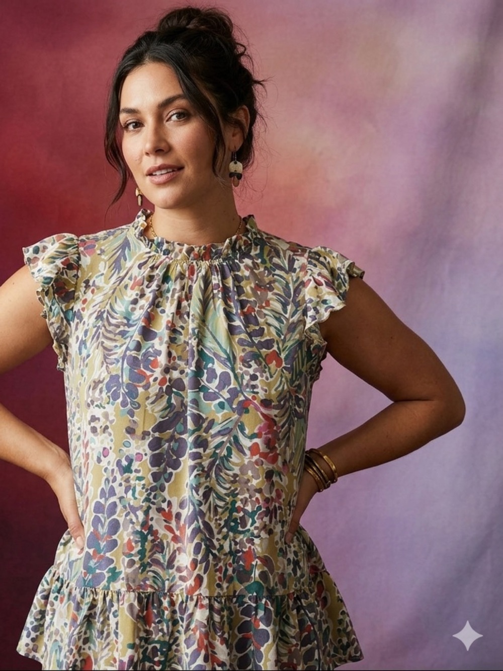 Jodifl Floral Ruffle Cap-Sleeve Peplum Top - Multi LARGE